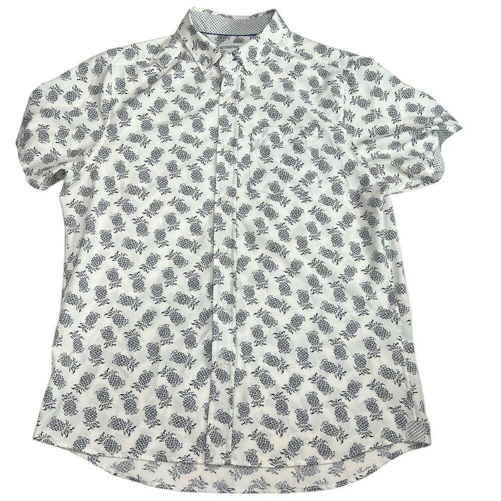 International Report Mens Pineapple Button Down White Stretch Shirt L golf prepp